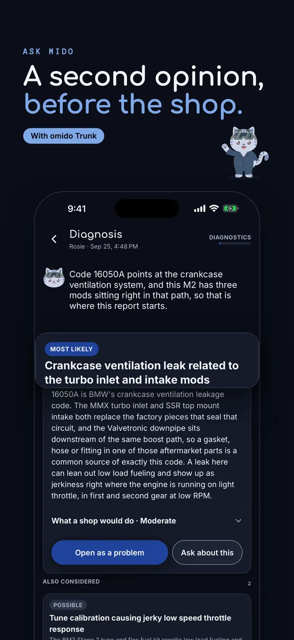 A second opinion, before the shop. Ask Mido explaining an engine code against this vehicle's own mods. With omido Trunk.