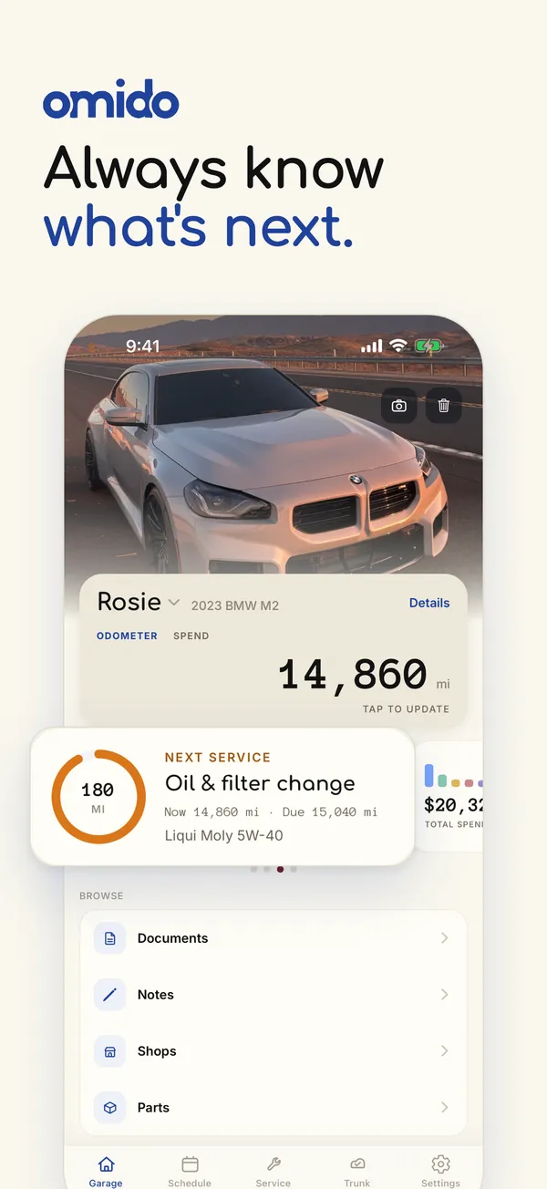 Always know what's next. The garage, with the next service due in 180 miles.
