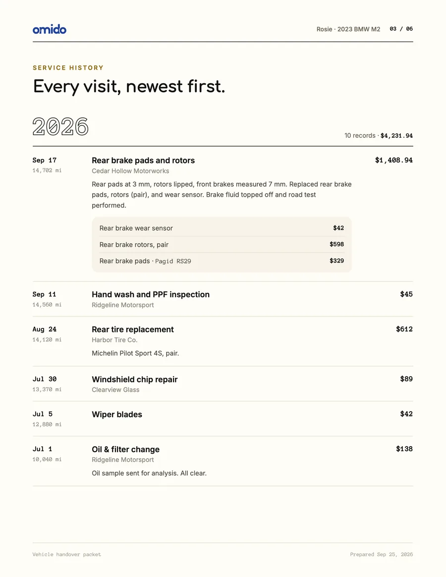 The packet's service history page: every visit newest first, with the shop, the parts and what each one cost.