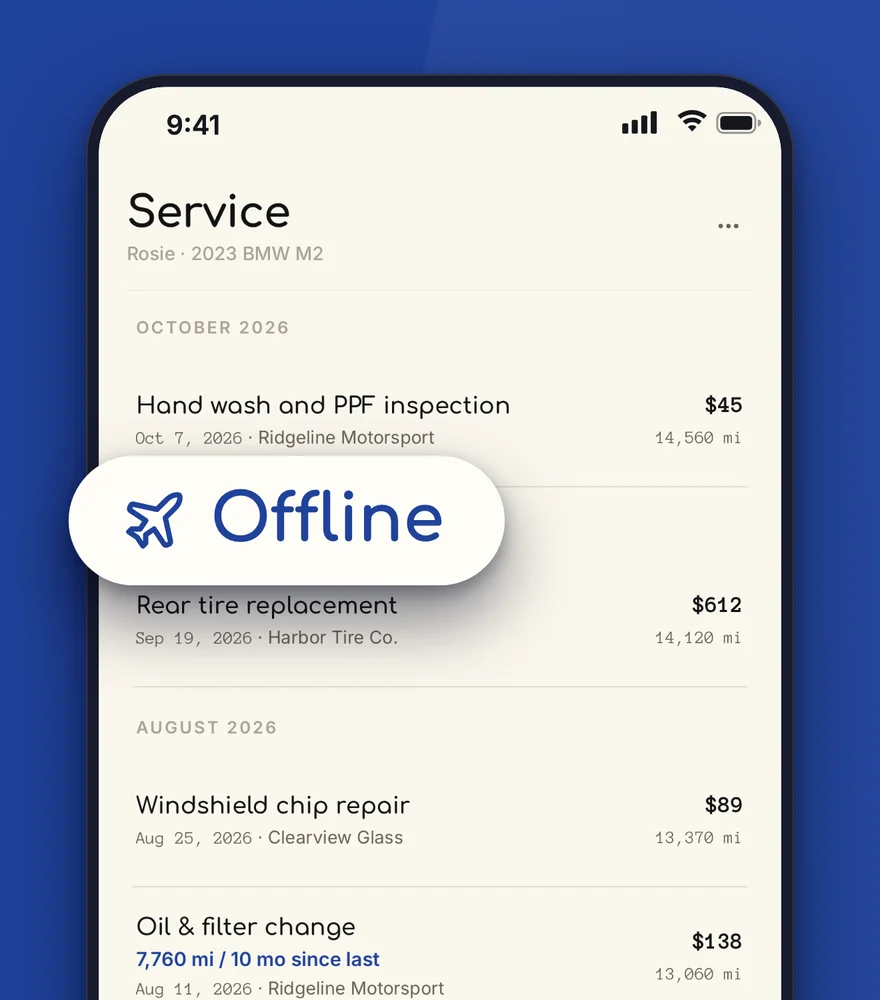 Rosie's service history open with the phone offline: a hand wash, a rear tire replacement, a windshield chip repair and an oil and filter change.