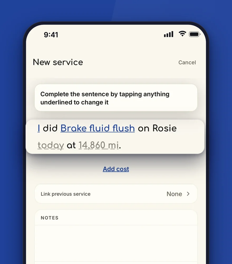 A new service written as a sentence, lifted out: I did Brake fluid flush on Rosie today at 14,860 mi.