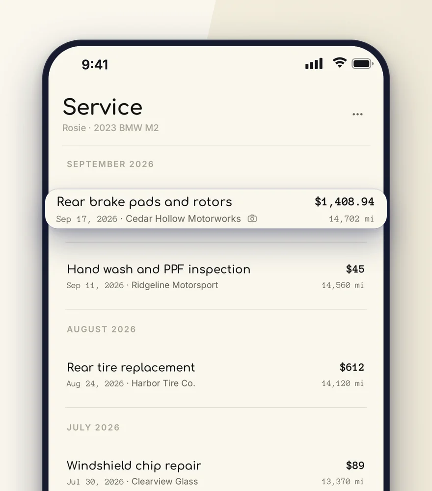 The Service tab, newest first, with the rear brake pads and rotors job, $1,408.94 at Cedar Hollow Motorworks, lifted out.