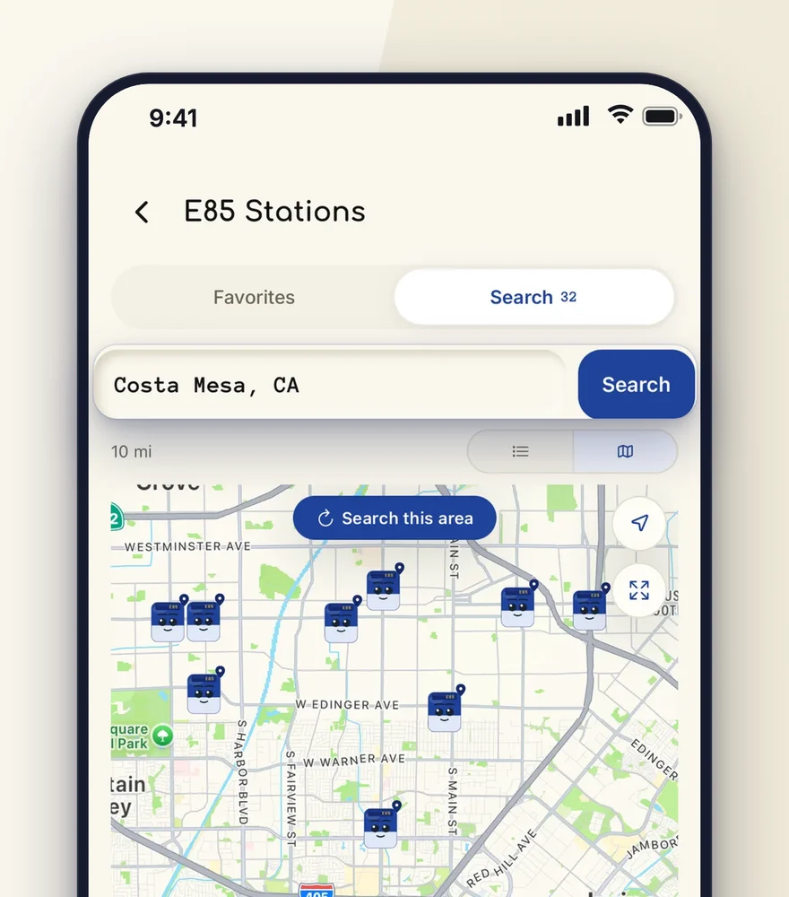 The E85 station finder searching Costa Mesa, California, lifted out over a map of nearby stations.